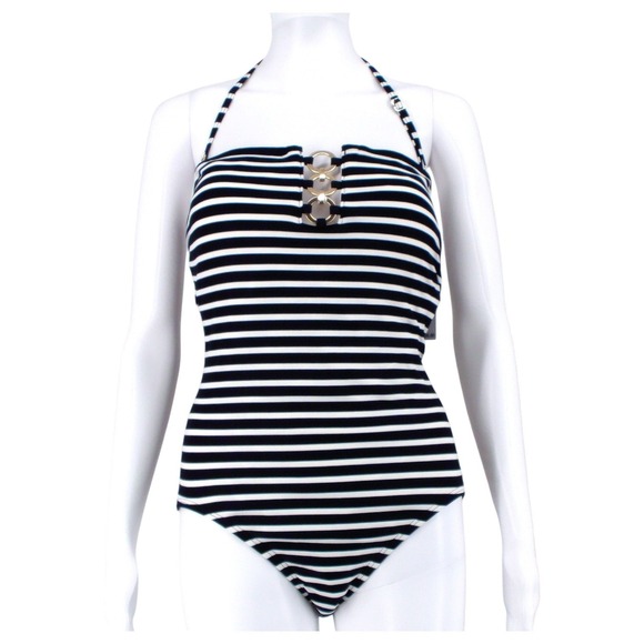 Michael‎ Kors Swimsuit Womens 12 One Piece Halter Monokini Stripe Black White - Picture 1 of 12